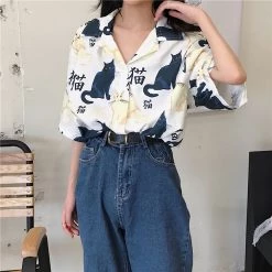 Juwas Vintage Cat Print Feline Button Up Shirt NEW ARRIVAL