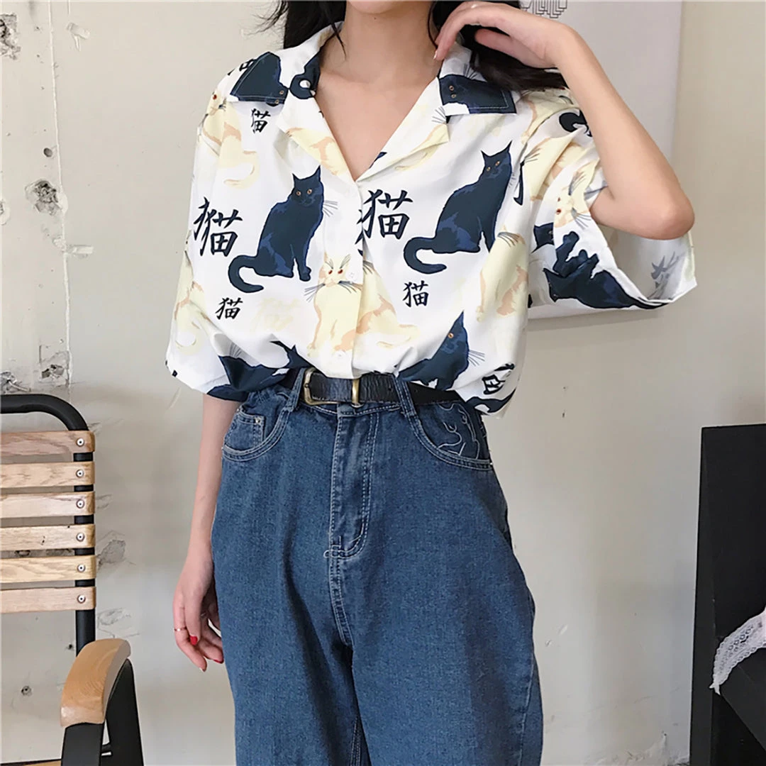 Juwas Vintage Cat Print Feline Button Up Shirt NEW ARRIVAL 4 Juwas Vintage Cat Print Feline Button Up Shirt NEW ARRIVAL