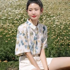 Juwas Vintage Style Leaves Printed Short Sleeve Shirt NEW ARRIVAL