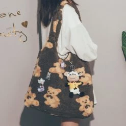 Juwas Kawaii Bear Prints Plush Shoulder Bag