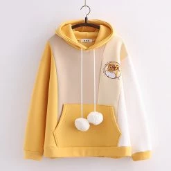 Juwas Japanese Cat Print Fuzzy Ball Drawstring Hoodie CLOTHING