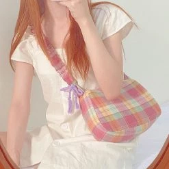 Juwas Lavender Daisy And Checkered Print Shoulder Bag