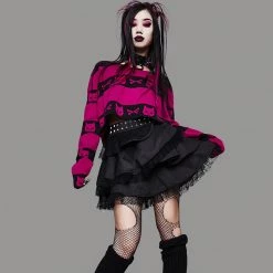 Juwas Gothic Cat Black Pink Knitted Sweater Top CLOTHING