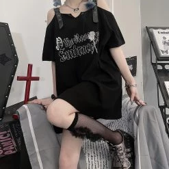 Juwas Gothic Letters Rose Print Off-The-Shoulder Long T-shirt NEW ARRIVAL