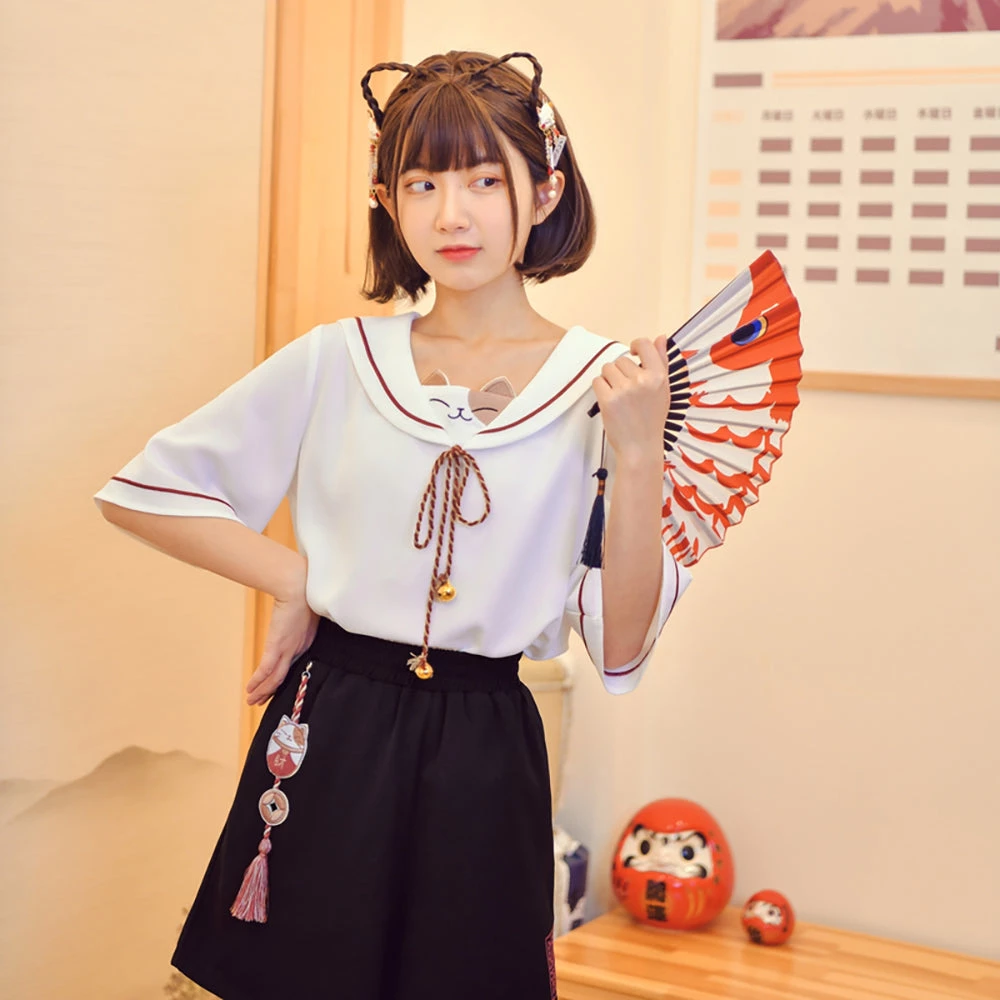 Juwas Kawaii Sailor Lucky Cat Tassel Shirt 4 Juwas Kawaii Sailor Lucky Cat Tassel Shirt