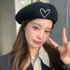 Juwas Front Heart Embroidered Beret Hat CLOTHING