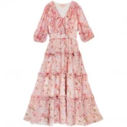 Juwas Peach Floral Ruffle Midi Dress CLOTHING