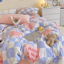 Juwas NEW ARRIVAL Love Heart Checker Bedding Set