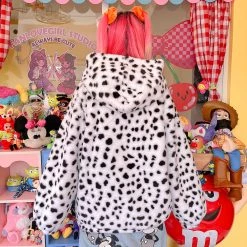 Juwas Cute Puppy Print Loose Fuzzy Warm Coat Jacket CLOTHING