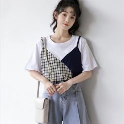 Juwas Plaid Color Block Round Collar T-shirt