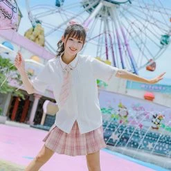 Juwas School Uniform Polo Shirt With Pink Plaid Neck Tie