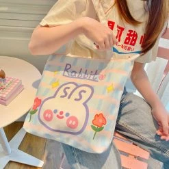 Juwas Blush Rabbit Rose Plaid Tote Hand Bag