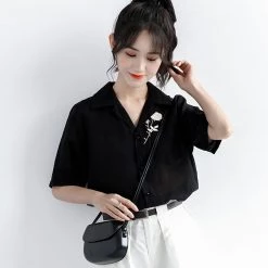 Juwas Vintage Floral Embroidery Pocket Short Sleeve Shirt