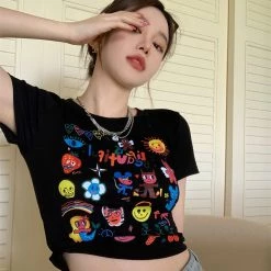 Juwas NEW ARRIVAL Life Is Beautiful Letter Cartoon Print Short T-shirt