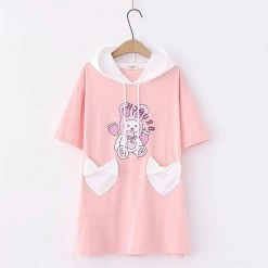 Juwas NEW ARRIVAL Bear Rabbit Print Drawstring Pockets Short Dress