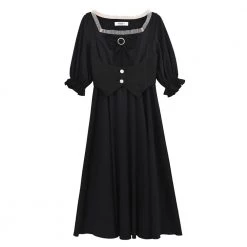 Juwas Black Victorian Ruffled A-Line Midi Dress