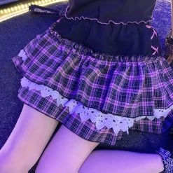Juwas Pink Gothic Princess Plaid Ruffle Mini Skirt