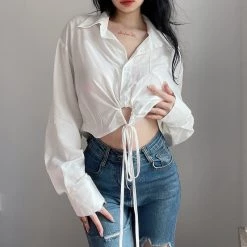 Juwas Chic White Waist Tie Crop Top Shirt