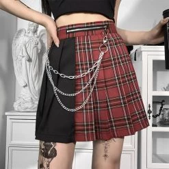 Juwas Gothic Streetwear Red Plaid Patchwork Pleated Mini Skirt CLOTHING