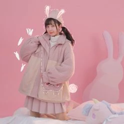 -Juwas Unique Rabbit Colors Block Fur Coat With Sling Bag