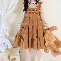 Juwas Bear Embroidery Corduroy Long Sleeve Dress NEW ARRIVAL