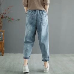 Juwas Retro Flower Embroidery Elastic Waist Cropped Jeans NEW ARRIVAL