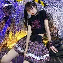 Juwas Pink Gothic Princess Plaid Ruffle Mini Skirt