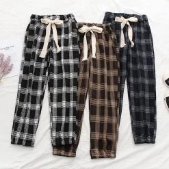 Juwas Plaid Elastic Waist Loose Pants