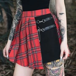 Juwas Punk Plaid Fake Cut Chain High-Waist Skirt NEW ARRIVAL
