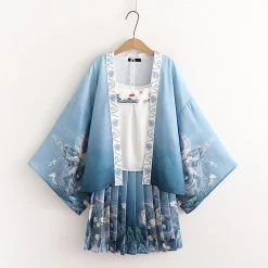 Juwas Japanese Ocean Blue Print Kimono And Pleated Skirt Set