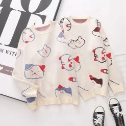 Juwas Kitty Print Round Collar Loose Sweater NEW ARRIVAL