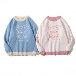 Juwas Bear Japanese Letter Print Loose Sweater CLOTHING