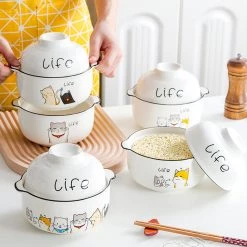 Juwas Cute Cartoon Kitties Print Ceramic Noodle Bowl Set