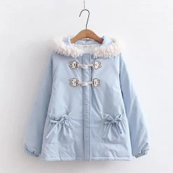 Juwas Bow Knot Pocket Hooded Cotton Coat