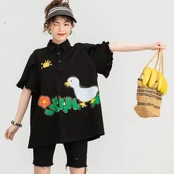 Juwas Flower Duck Print Loose T-shirt CLOTHING