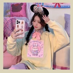 Juwas Bunny Bow Tie Printed Sweatshirt CLOTHING