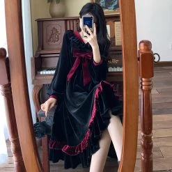 Juwas Bowknot Velvet Ruffle Midi Dress