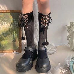 Juwas Ribbon Lace-up Balls Cotton Lolita Stockings