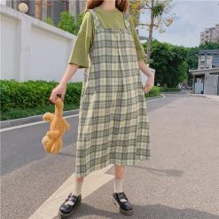 Juwas CLOTHING Green Plaid Long Dress Oversized Shirt Set