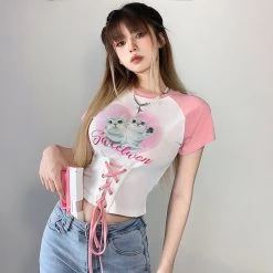 Juwas NEW ARRIVAL Kitties Printed Lace Up Tops
