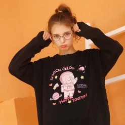 Juwas Kawaii Space Girl Black Long Sleeve Sweater NEW ARRIVAL