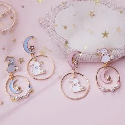 -Juwas Cute Mismatched Bunny And Moon Earrings