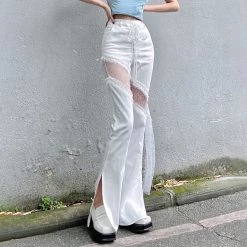 Juwas Chic White Lace Mesh Cut Wide Leg Jeans
