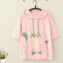 Juwas Kawaii Dinosaur Print Front Pocket Hooded T-Shirt NEW ARRIVAL
