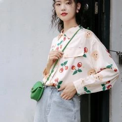Juwas Vintage Style Cherries Long Sleeve Shirt