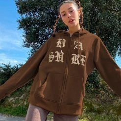 Juwas Brown Letters Embroidery Zip Up Hoodie NEW ARRIVAL