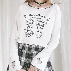Juwas Devil Puppy Print Bowknot T-shirt