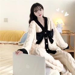 Juwas Chic Big Front Bow Plush Pajama Set