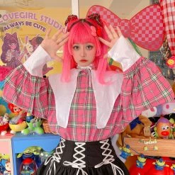 Juwas Harajuku Plaid Doll Collar Loose Shirt CLOTHING