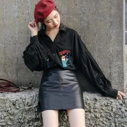 Juwas Vintage Style Embroidery Black Shirt